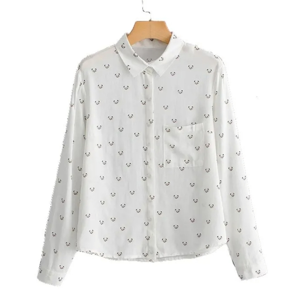 Women's Panda Button Down White Blouse Size M